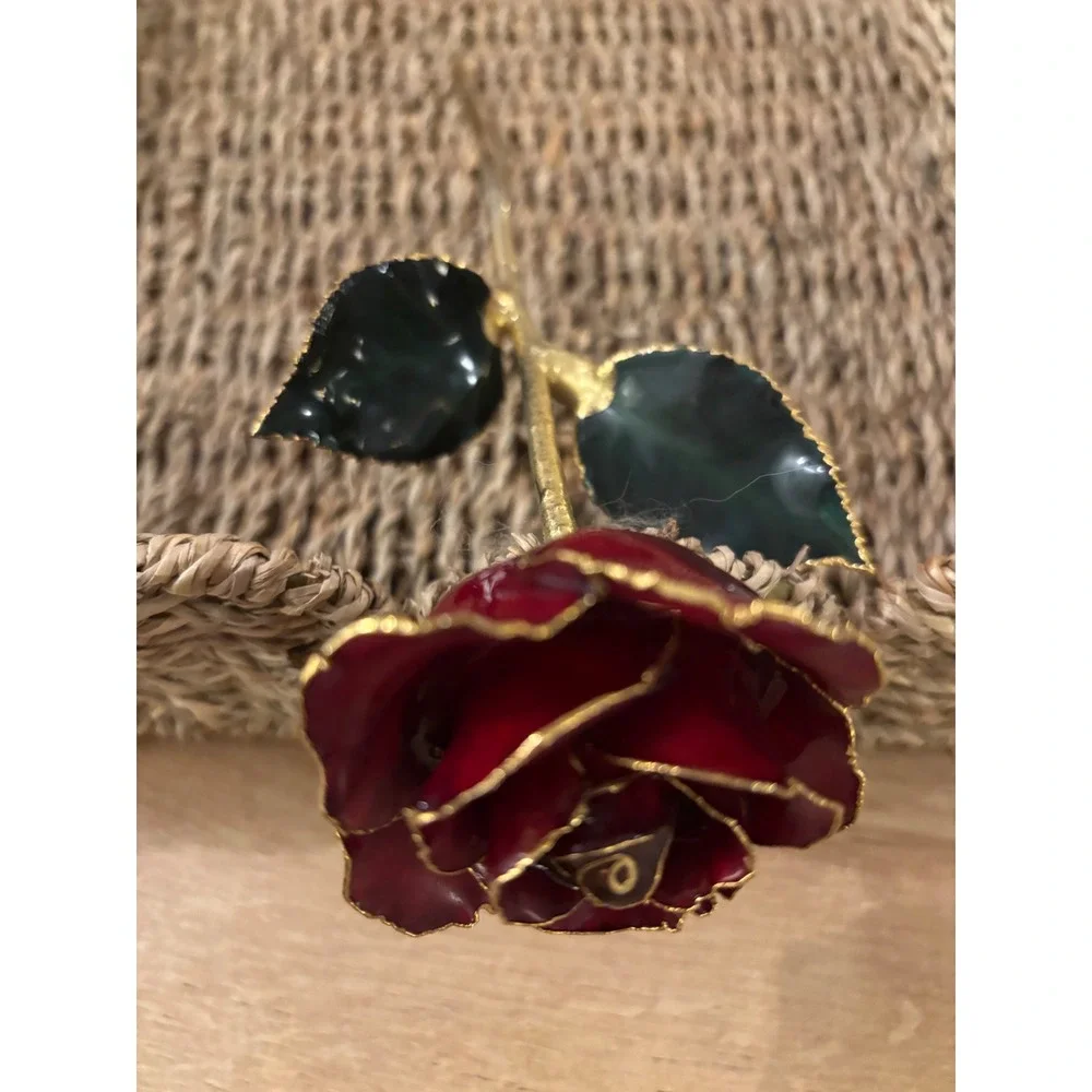 24k Gold Dipped Real Rose Red Lacquer Preserved Long Stem Gold Trim Ornament